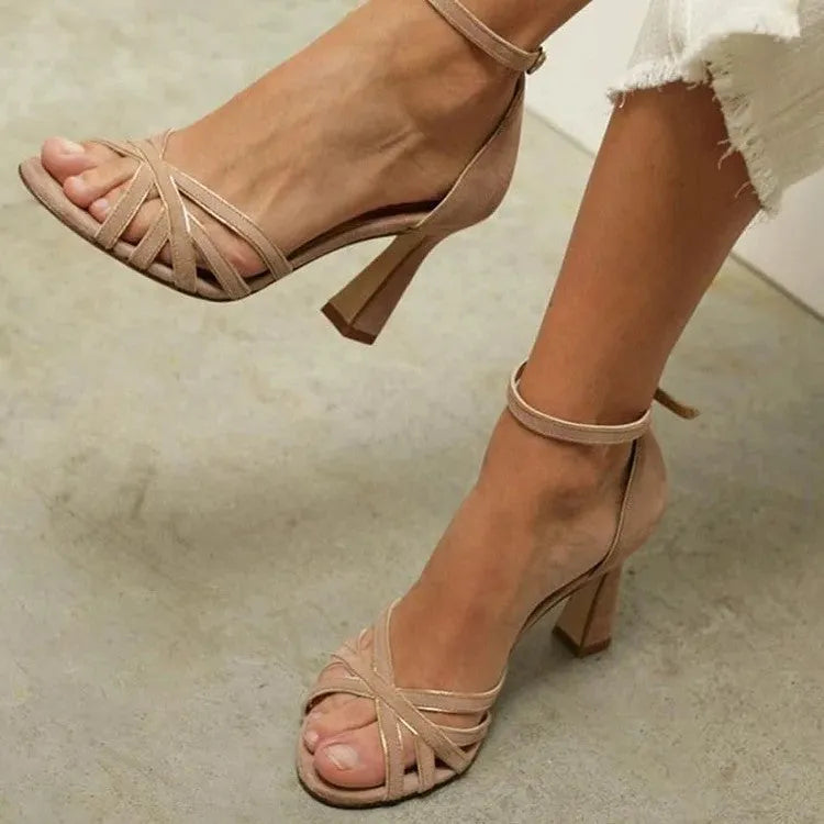 Women's apricot suede high heel sandals with fish mouth peep toe design