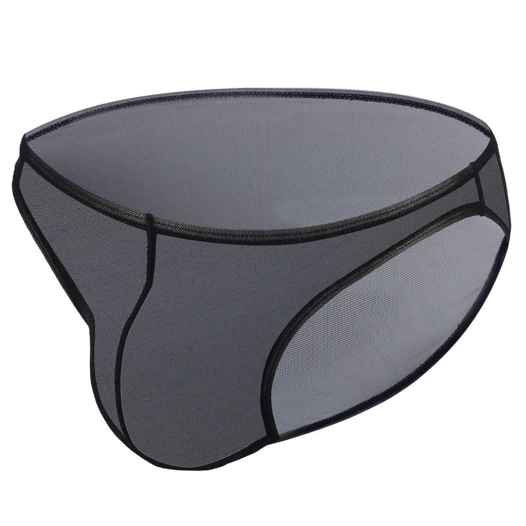 Men's black low-waist nylon brief shorts laid flat, showing triangle brief design and knitted fabric texture.