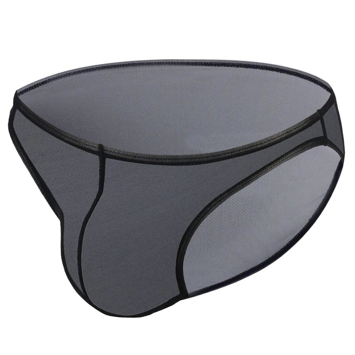 Men's black low-waist nylon brief shorts laid flat, showing triangle brief design and knitted fabric texture.