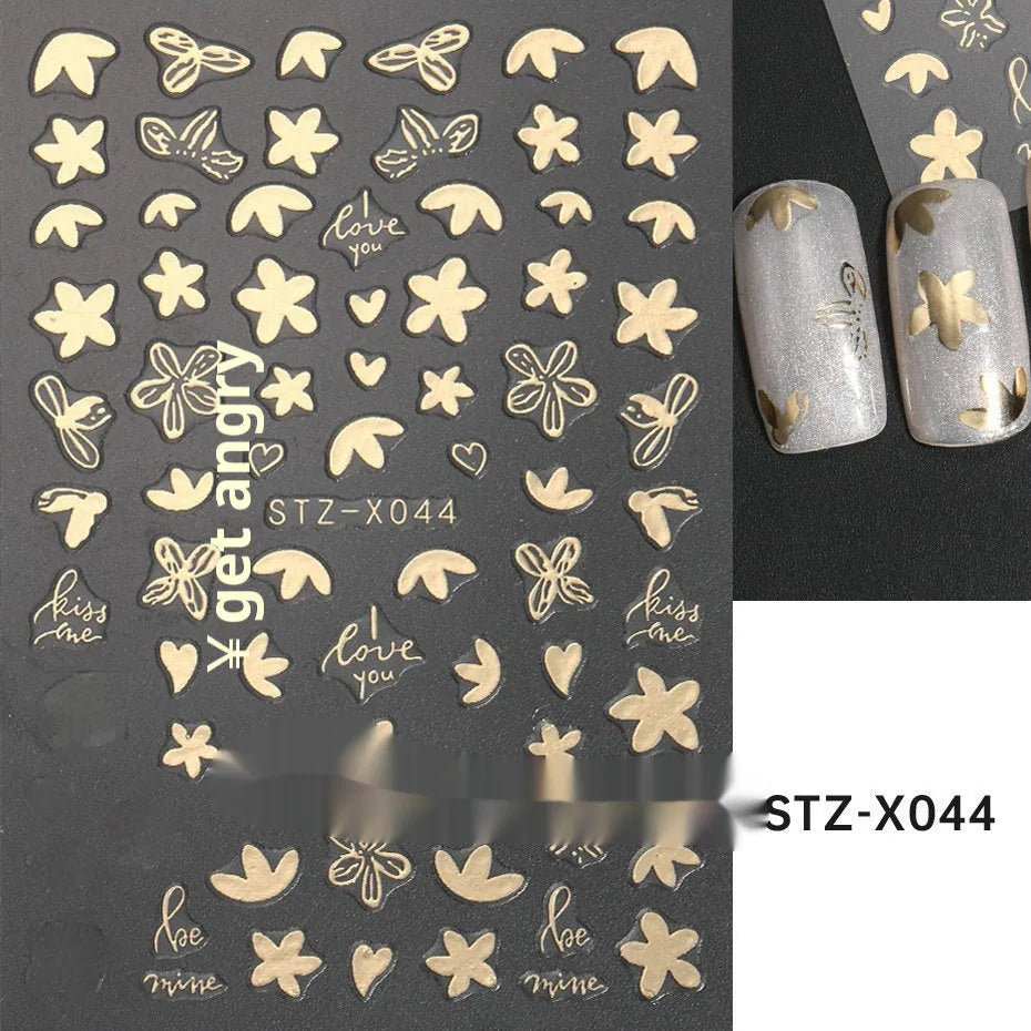 Cartoon-themed nail art sticker sheet with black and silver strip patterns and love motifs