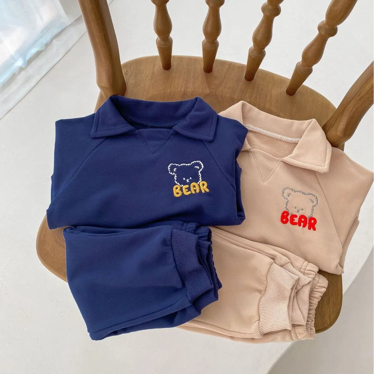 Baby bear lapel sweater two-piece set in sapphire blue or khaki beige, cotton shirt and pants outfit, sizes 66cm to 100cm
