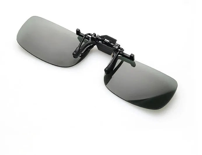 Clip-on myopia sunglasses for driving, showing grey, dark green and night vision tint options on large and small PC lens frames.