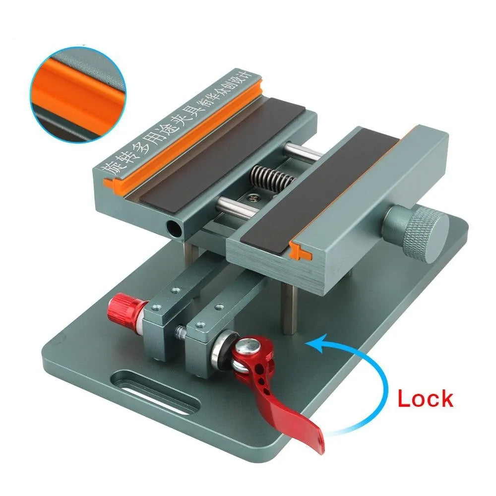 Mobile phone rear cover glass fixing fixture with adjustable clamp and silicone grip.