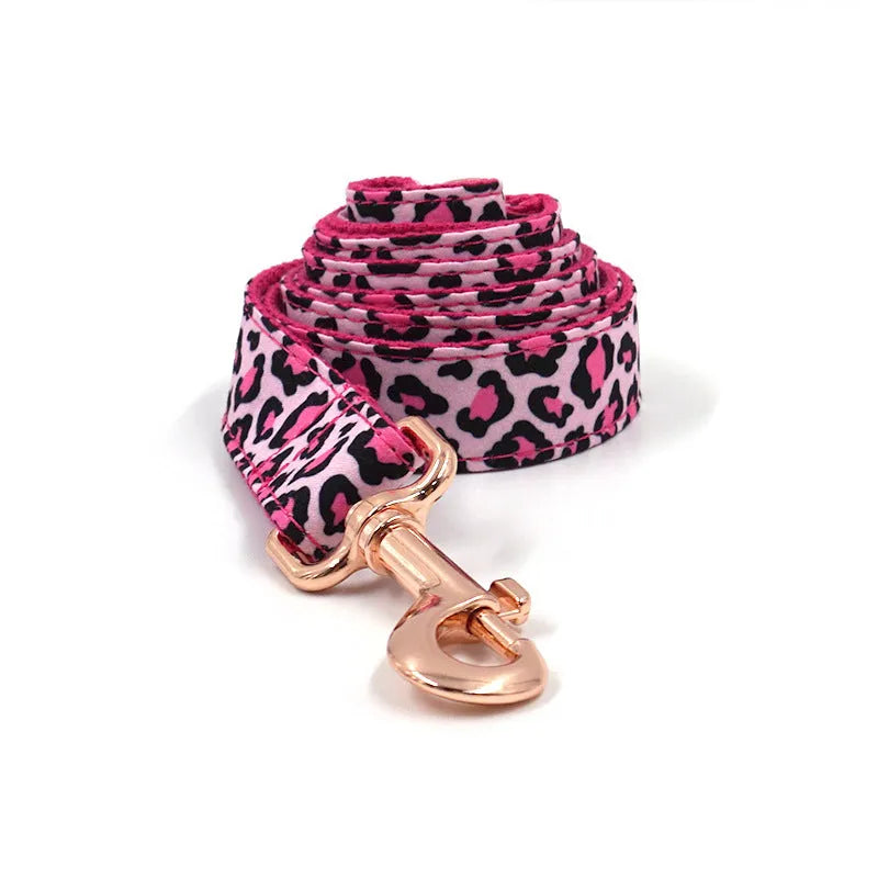 Leopard print dog collar and lead set in rose gold tone polyester, sizes XS to XL