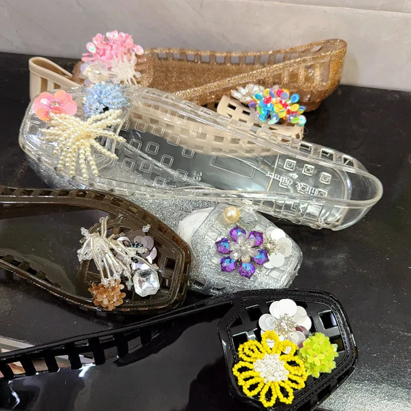 Women's square toe gel slippers in transparent colour with PVC soles for outdoor leisure