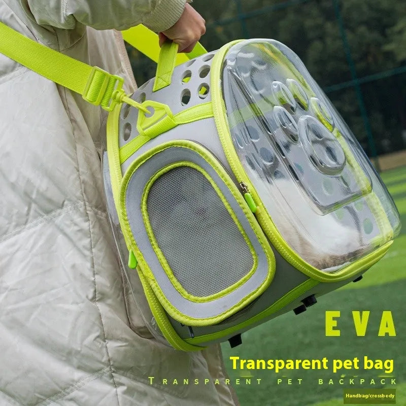 Hard transparent cat backpack in grass green colour with dimensions 42x28x35cm