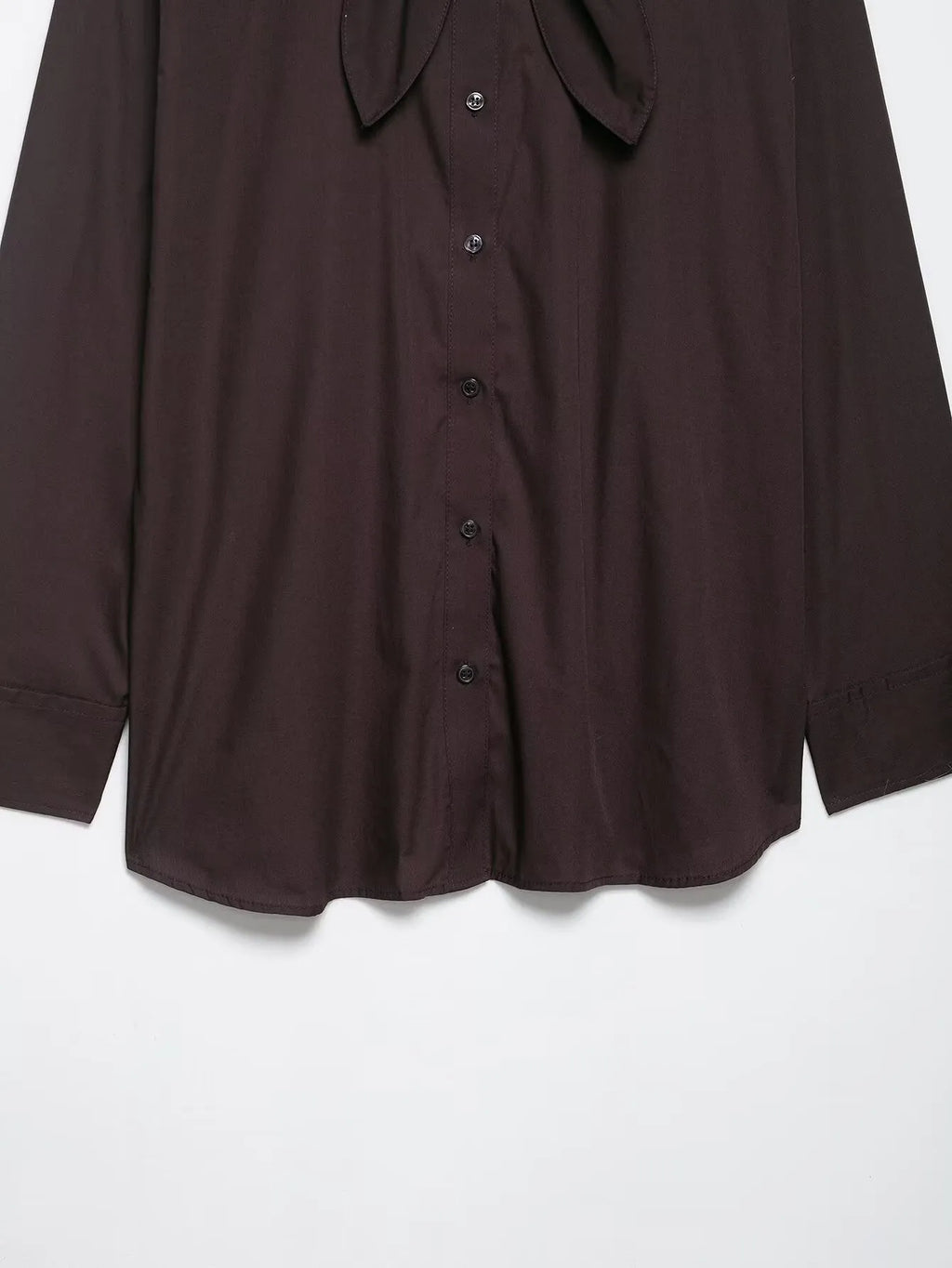 Brown women's poplin shirt with bow tie scarf, long sleeves, loose fit