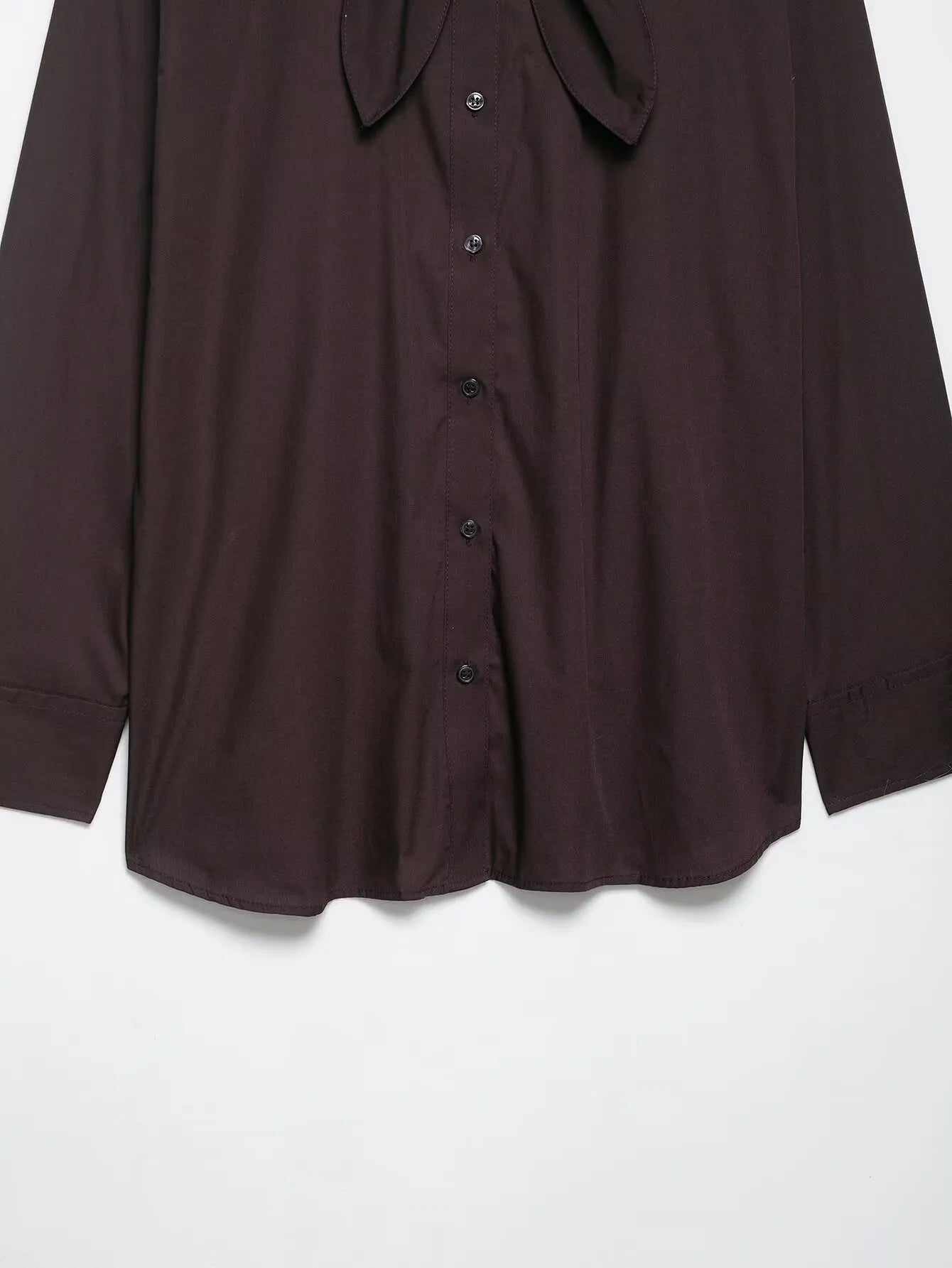 Brown women's poplin shirt with bow tie scarf, long sleeves, loose fit