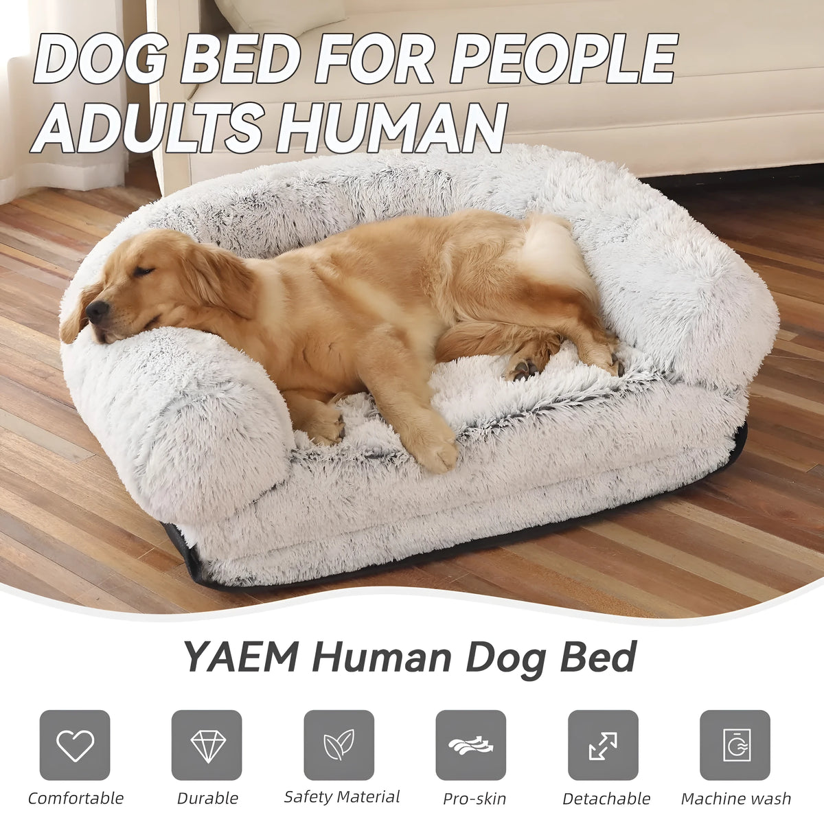Human pet sofa dog bed in cloth, 180x115x25cm, long hair light grey or dark grey, removable and washable.