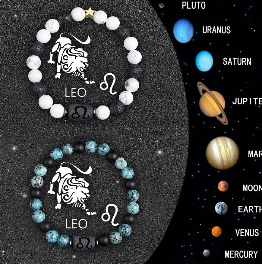 Two natural stone beaded bracelets with zodiac charms on a stretch cord, showing bead detail and fit.