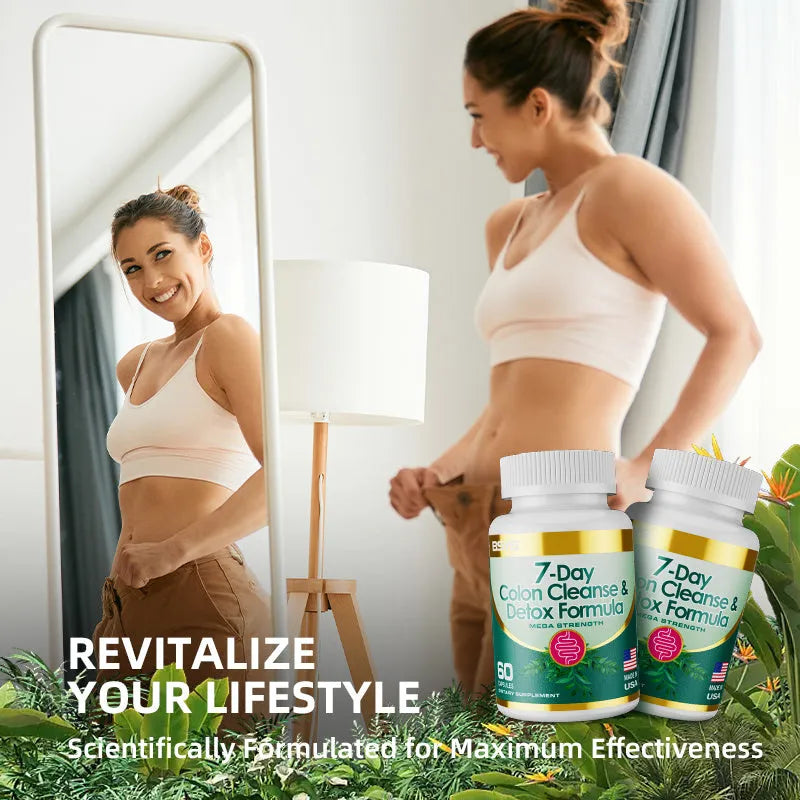 Bottle of 7-day colon cleanse and detox formula capsules for digestive wellness