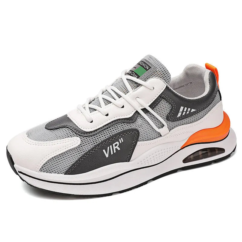 Men's grey breathable mesh running shoes with a round toe and EVA sole on a white background