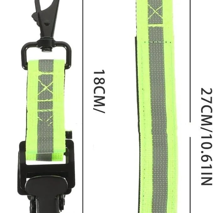 Fluorescent green universal safety clip with a metal buckle for fireman gloves and industrial equipment.