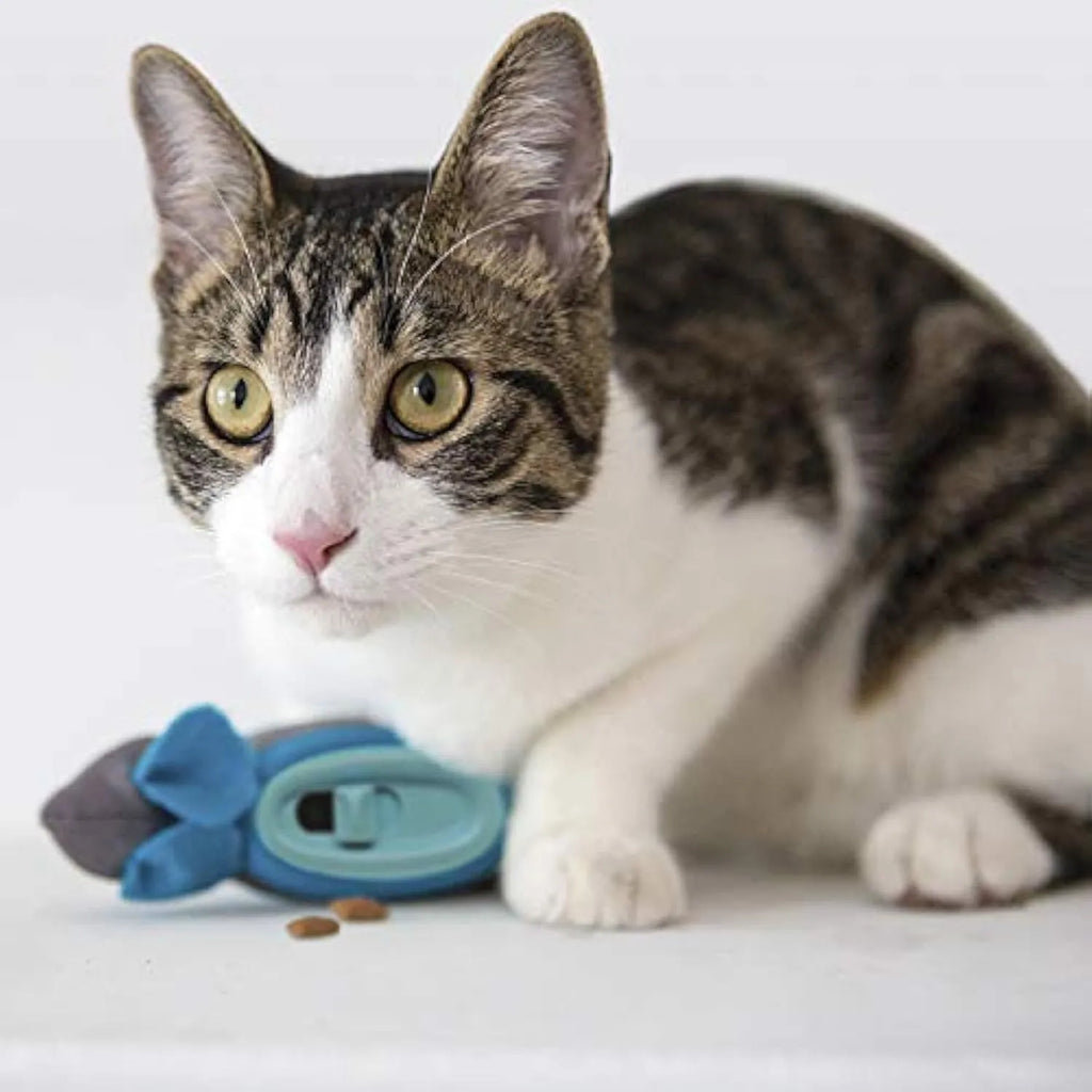 Blue interactive indoor treat dispenser mouse toy for cats with fabric skin and plastic feeder