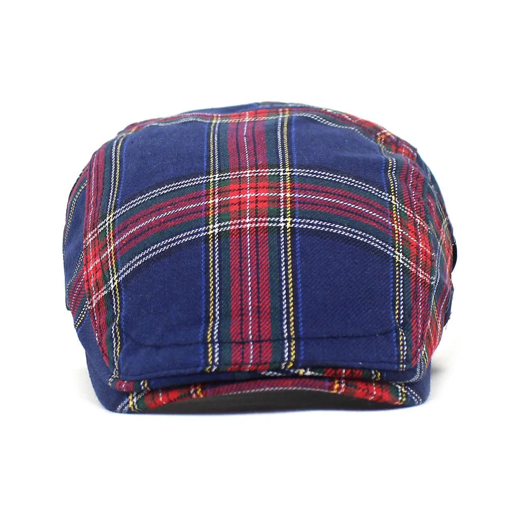 Retro plaid beret unisex peaked cap with curved brim and dome crown, available in red, yellow, and navy blue.
