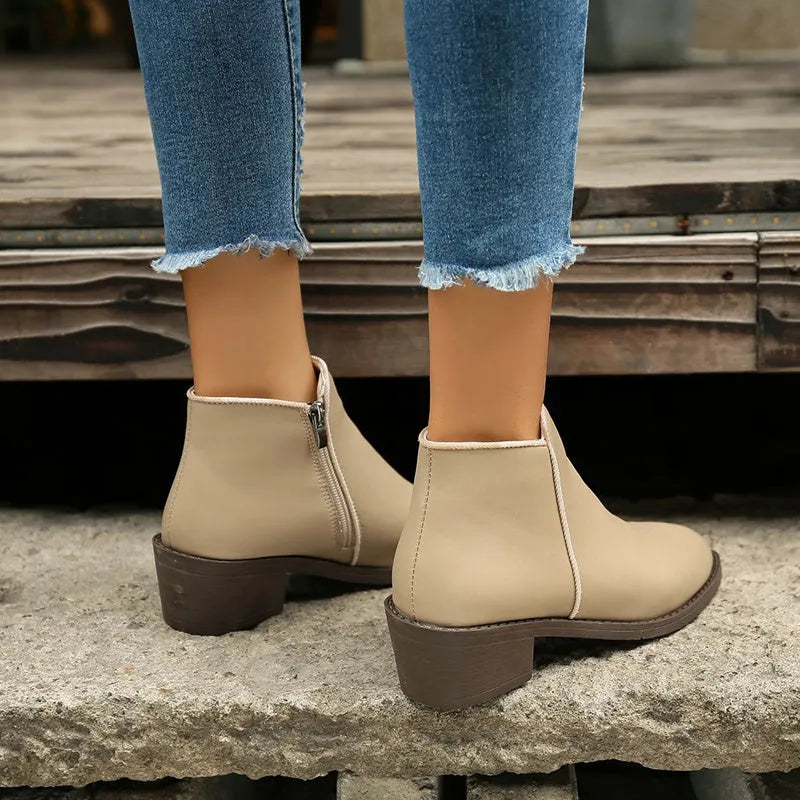Women's suede ankle boots with side zipper and chunky low heel, in off-white, black, or khaki