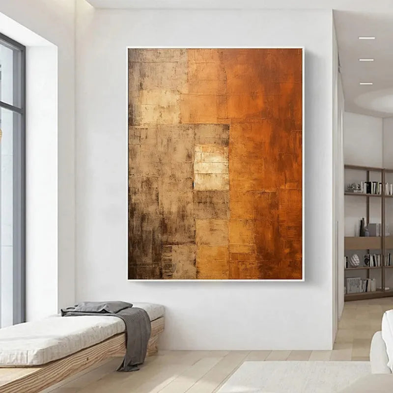 Orange and brown abstract hand-painted oil painting on canvas, vertical orientation, no frame, suitable for living room wall decor