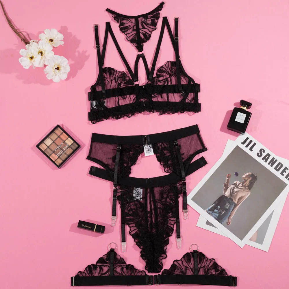 Black women's mesh bra with embroidery stitching showing three-point support design