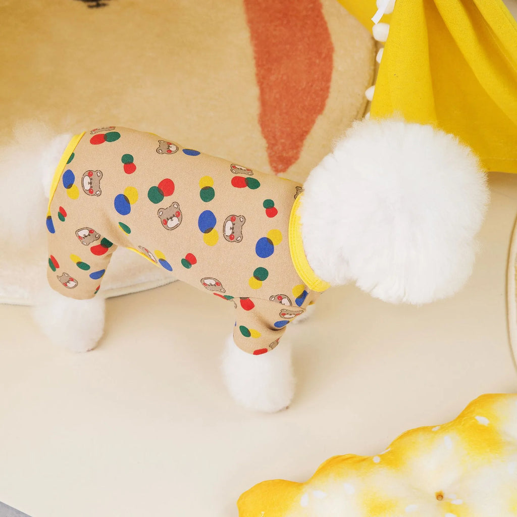 Dog pet clothes with colourful ball bear print in beige on a casual cotton-spandex pet top