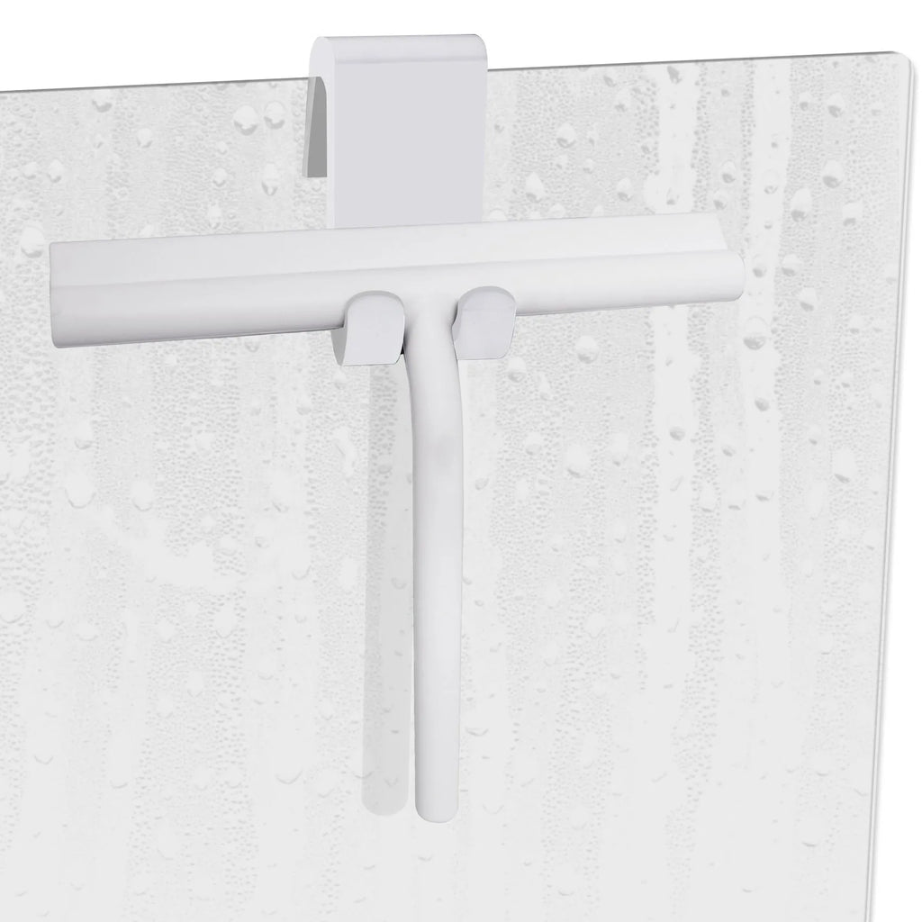 Small silicone water scraper with hook in black for cleaning bathroom tiles and glass