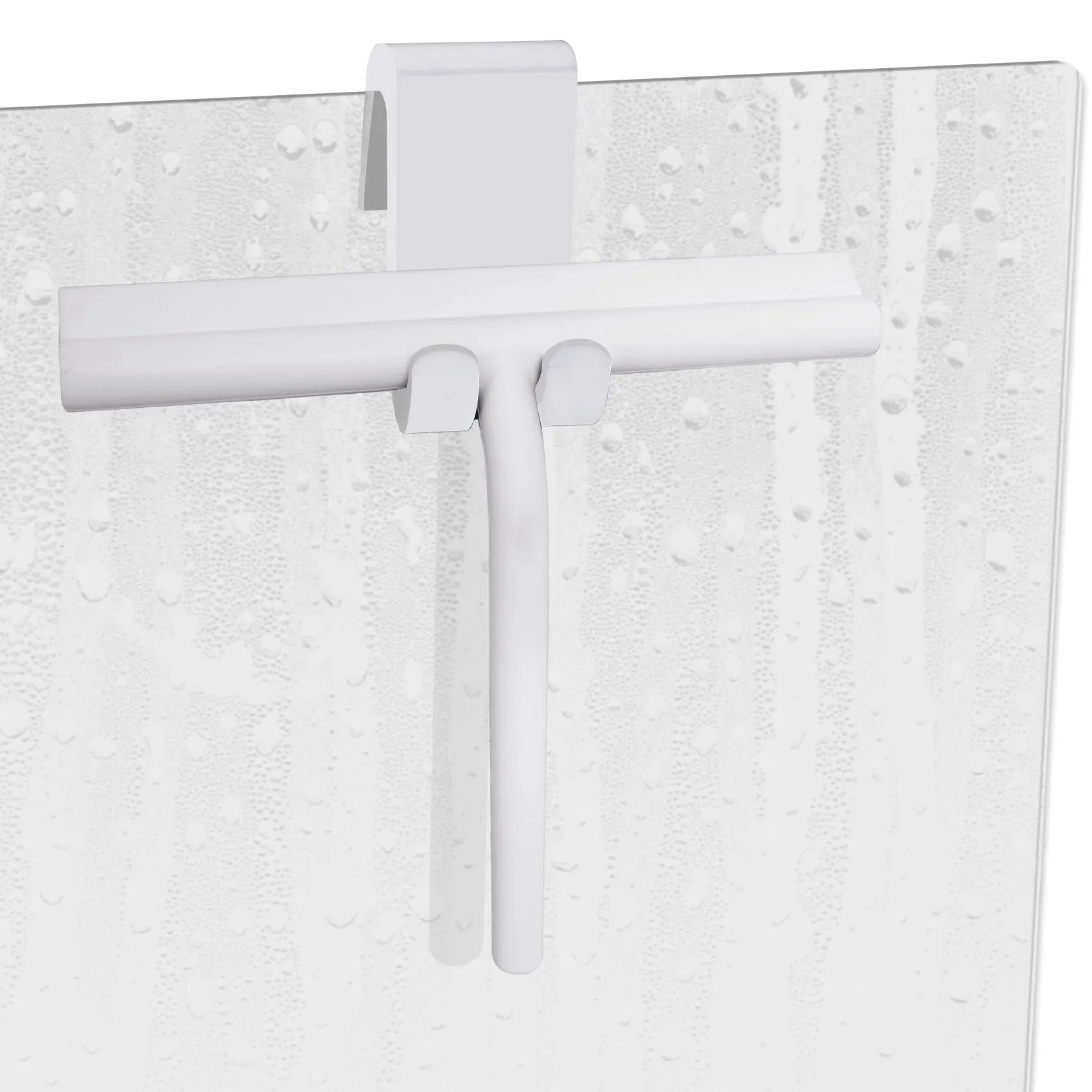 Small silicone water scraper with hook in black for cleaning bathroom tiles and glass