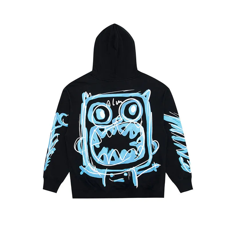 Men's loose cotton hooded sweater jacket in black, side view, for spring autumn casual wear