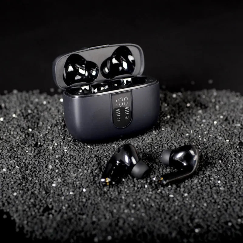 Jerry X08 wireless Bluetooth headset and charging case with digital display in black, grey, or white.