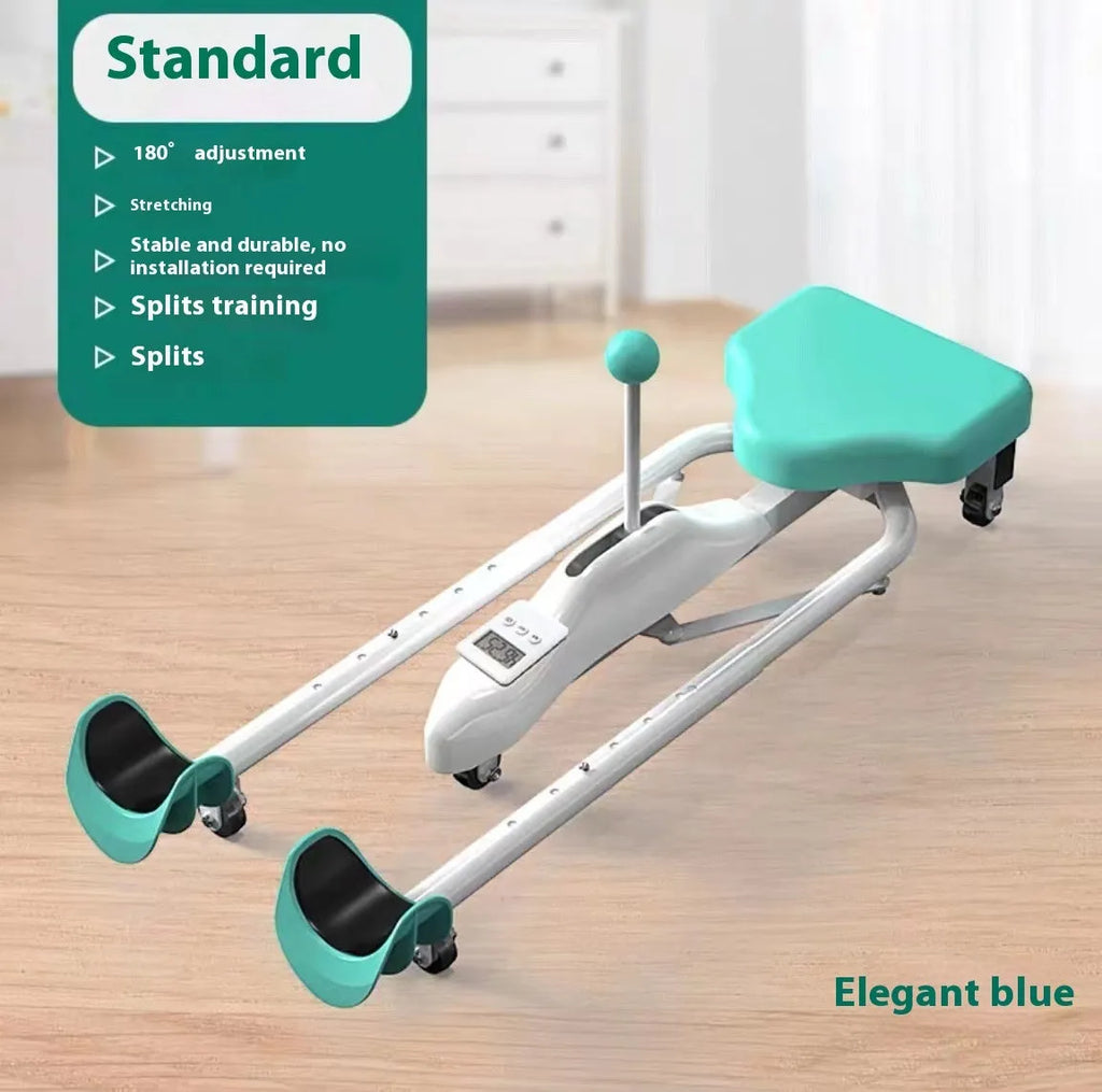 A pink leg stretching device with foam-padded bars, shown with an optional backrest attachment.