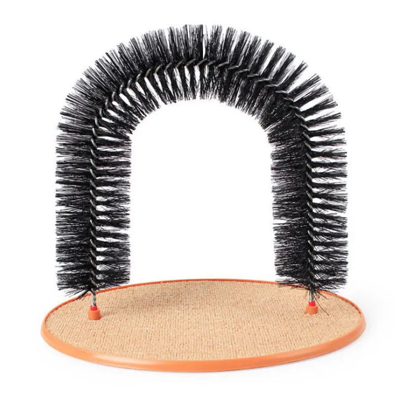 Curved white plastic cat grooming arch with built-in brush bristles for scratching and rubbing.