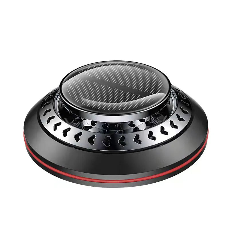 Solar-powered car air freshener with aluminium alloy case in black, red, or silver colours