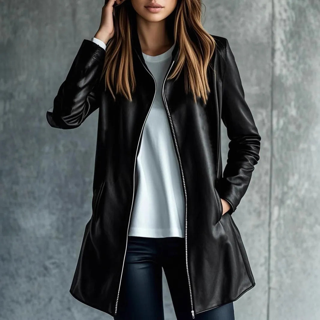 Women's black polyester leather jacket medium length 65cm shown on hanger