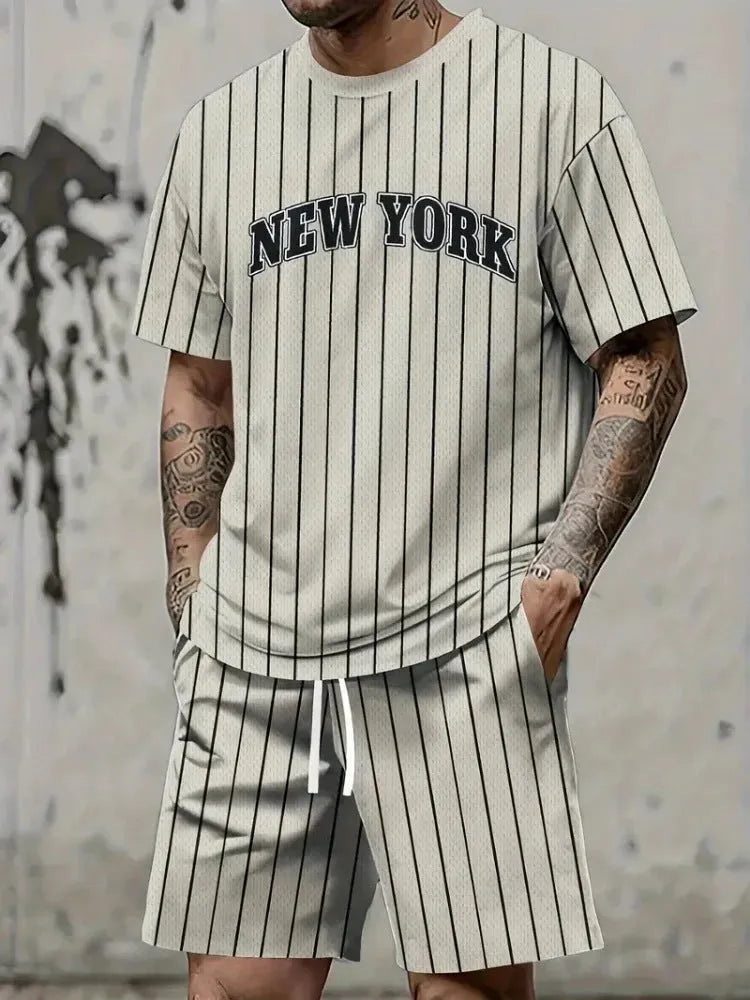 Men's 3D printed letter personality suit with short sleeve top and matching shorts in polyester