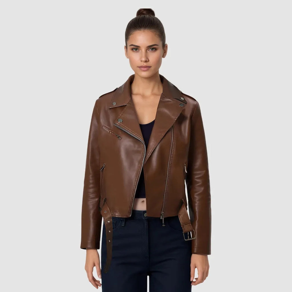 Women's black short PU leather biker jacket with an adjustable waist belt, shown on a hanger.