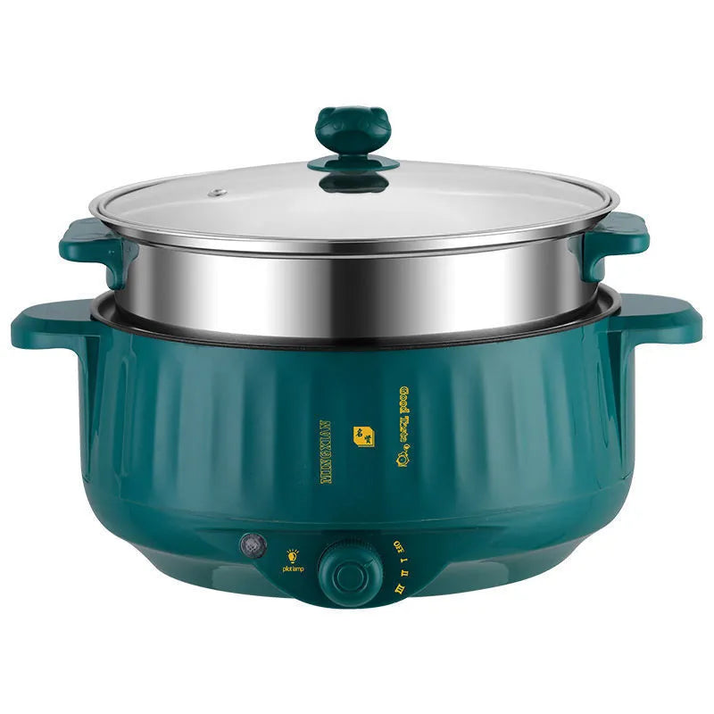 Stainless steel electric hot pot with non-stick interior in white or green finish with anti dry-burn protection