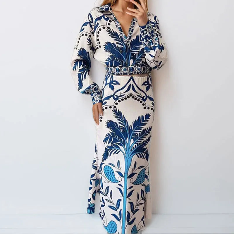 Women's early spring casual fashion set featuring a long sleeve top and long skirt in picture colour