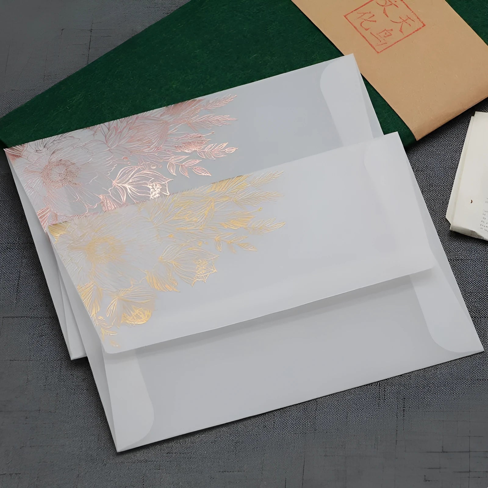 Sulfuric acid paper invitation cards with bronzing matte varnish in gold and rose gold colours