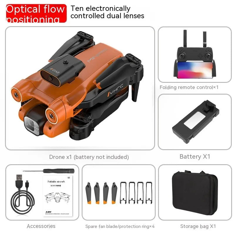 Black and orange remote control quadcopter drone with four rotors, shown folded and unfolded.