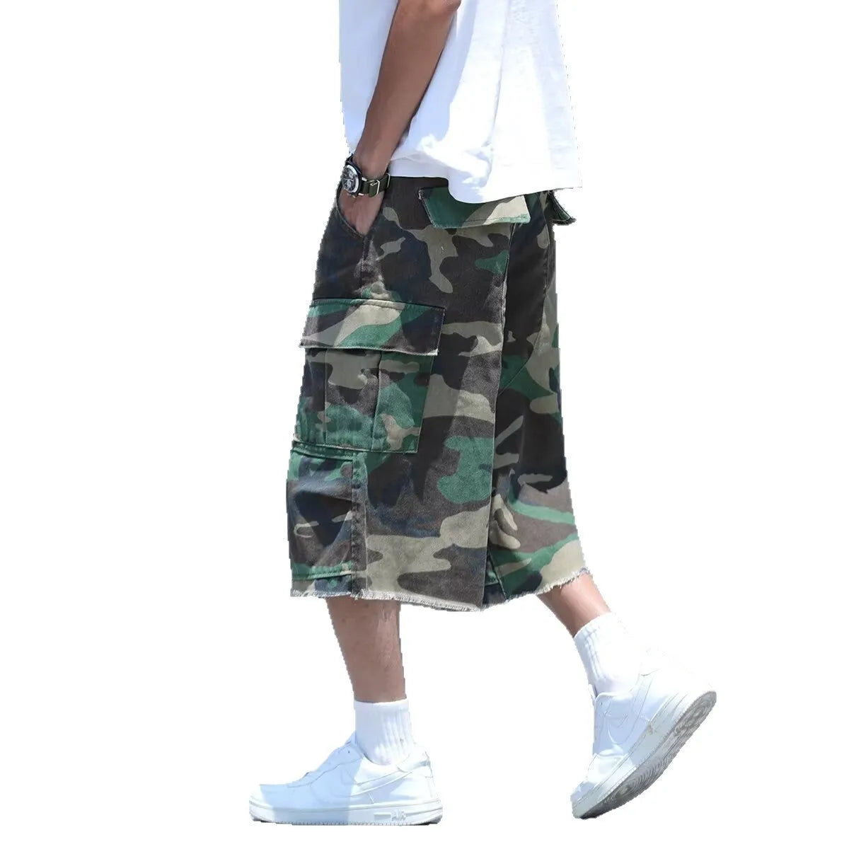 American retro workwear shorts in camouflage pattern with cotton construction and loose fit design