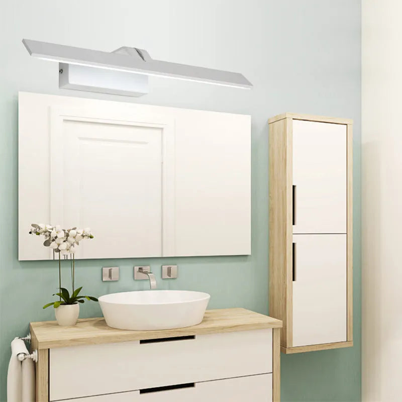 White LED strip light mounted above a bathroom mirror, showing three lighting colour options.