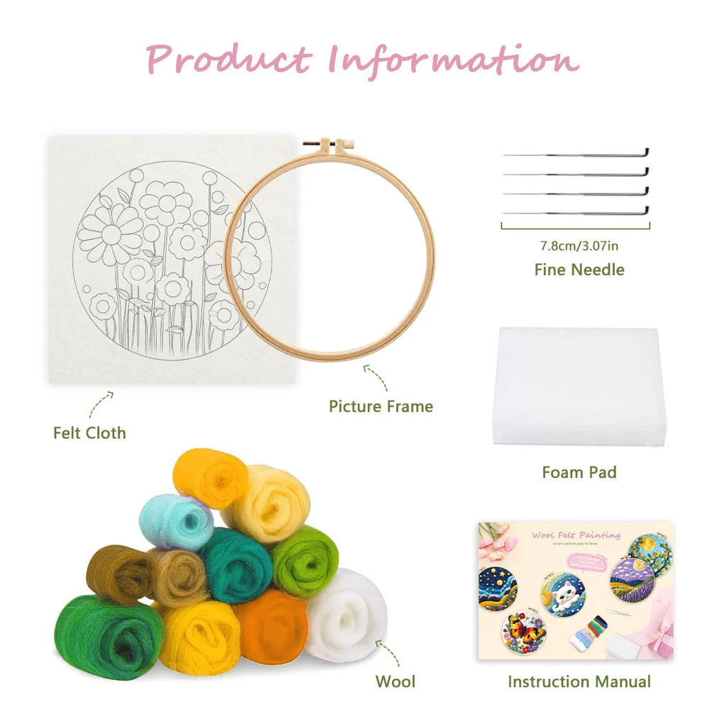 Round fabric embroidery kit with linen square, wool felt, and embroidery frame for handmade decorations.