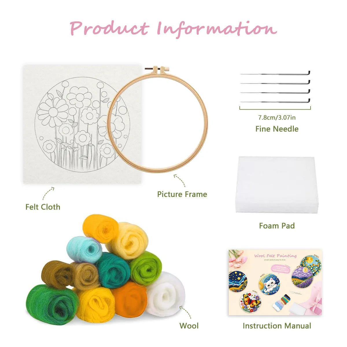 Round fabric embroidery kit with linen square, wool felt, and embroidery frame for handmade decorations.