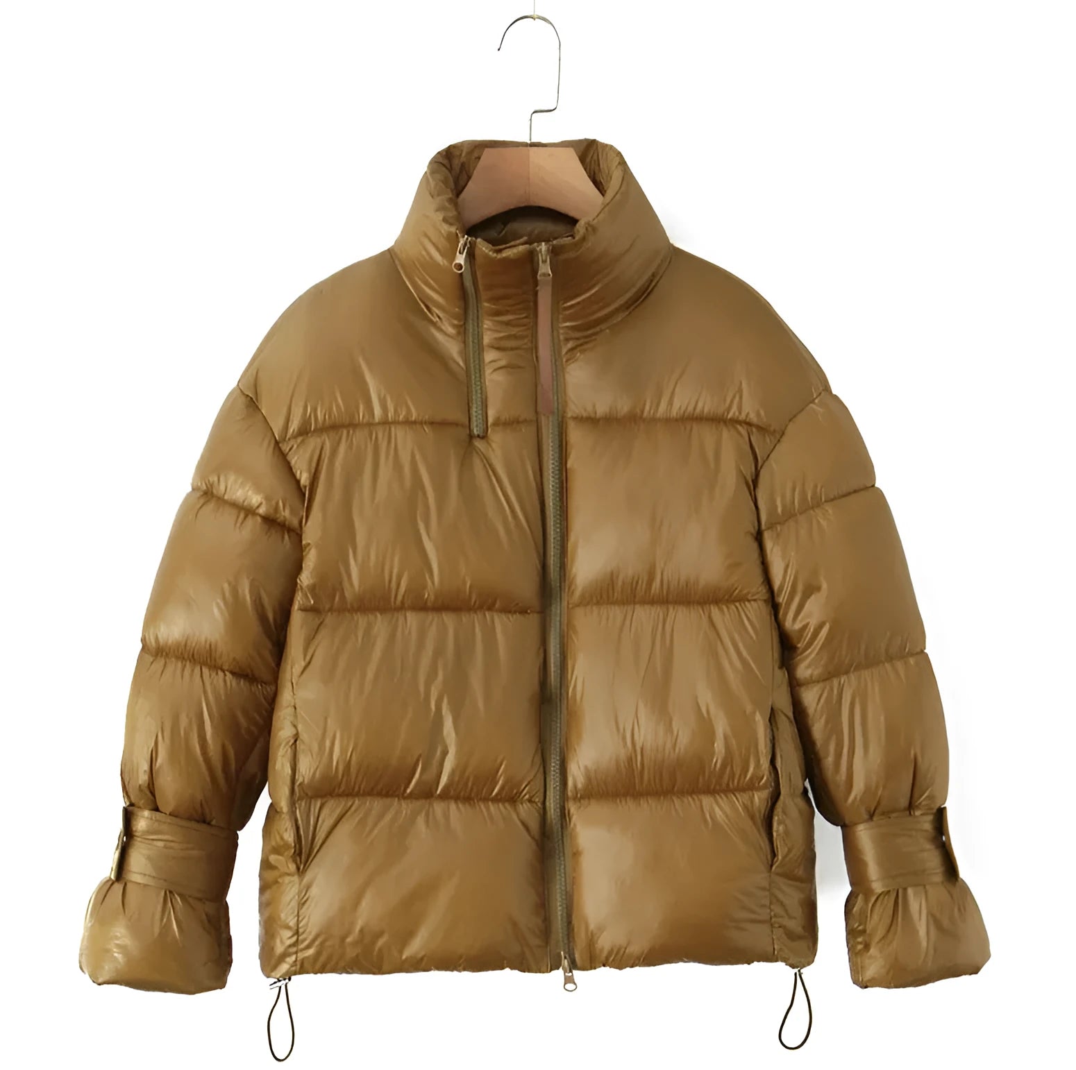 Gold women's puffer coat with stand-up collar and double zipper, straight fit, long sleeves