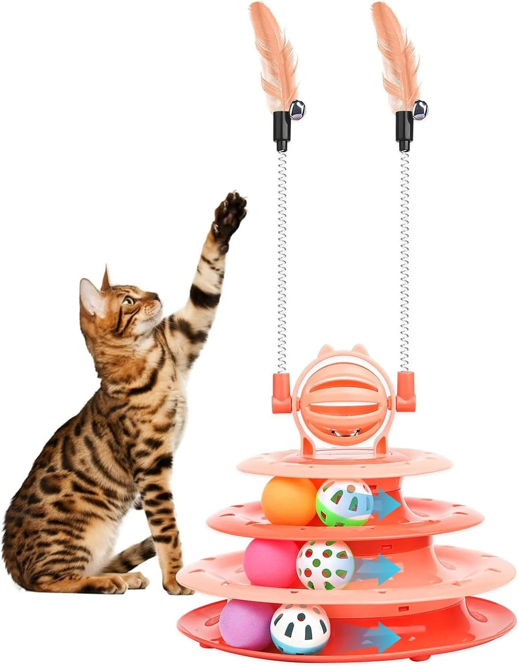 Blue four-tier rotating cat carousel toy with six coloured balls, a top bell, and two teasing rods on a non-slip base.