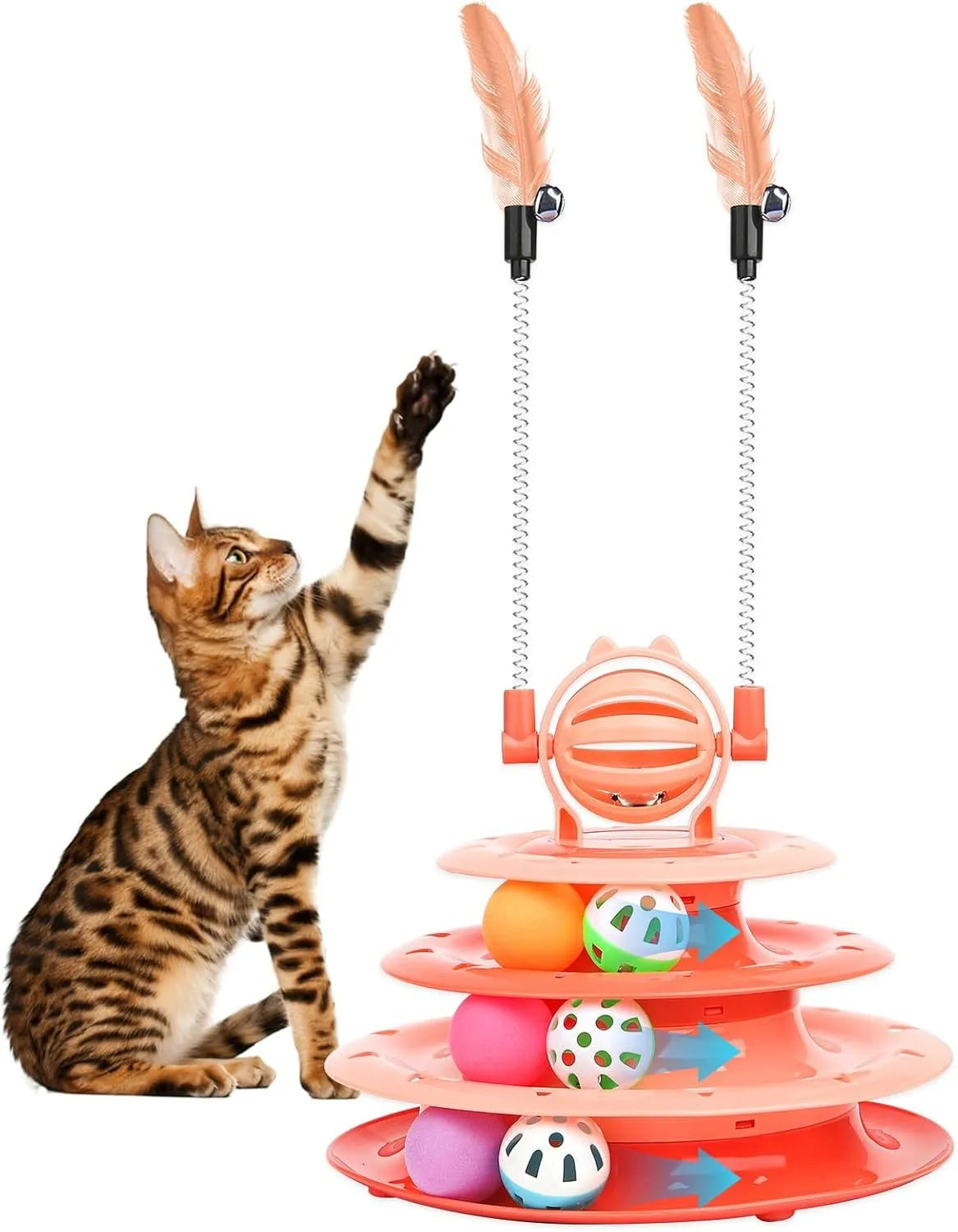 Blue four-tier rotating cat carousel toy with six coloured balls, a top bell, and two teasing rods on a non-slip base.