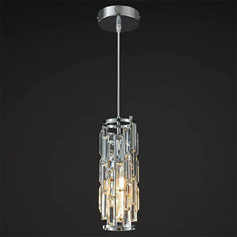 Single head industrial droplight ceiling pendant with crystal detail in black, chrome, or gold finish.
