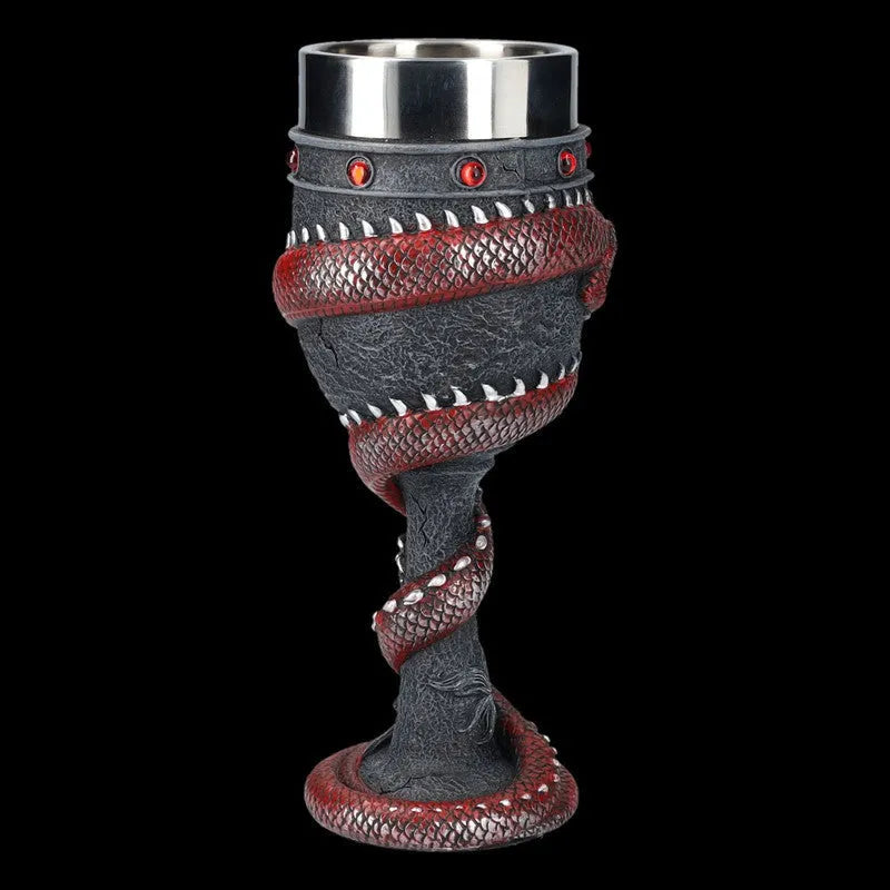 Stainless steel wine glass with Chinese dragon design in gold or red colour, 200ml capacity