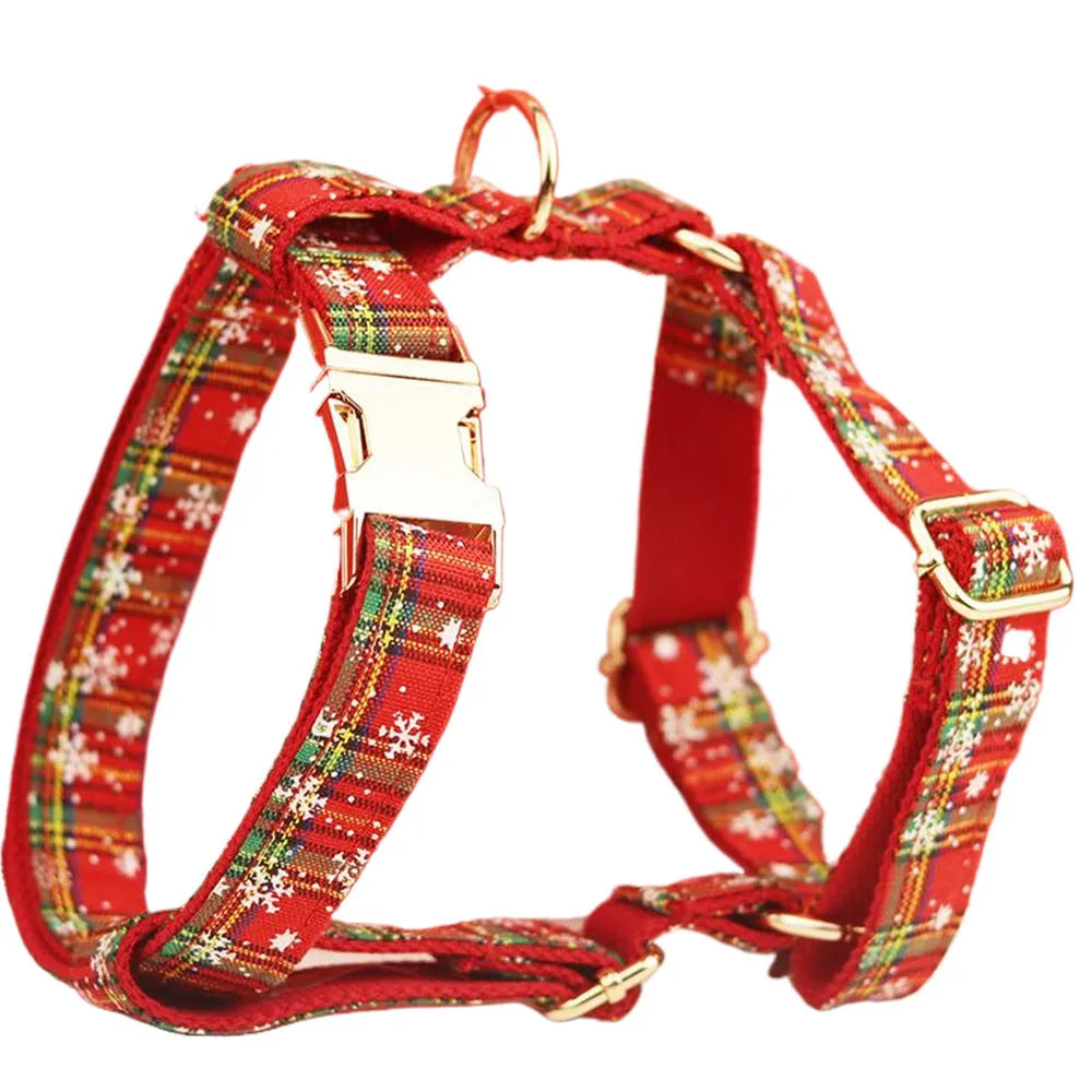 Red plaid snowflake Christmas dog collar, leash, vest and bow four-piece set
