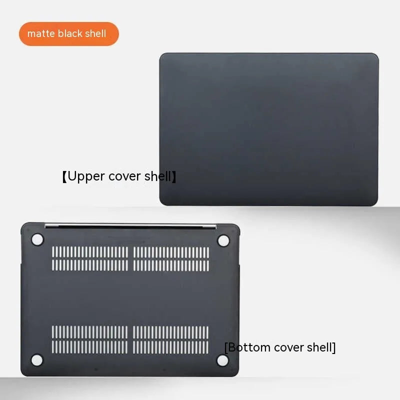 Hard plastic MacBook protective case shown in crystal transparent, black, frosted, and matte black finishes.