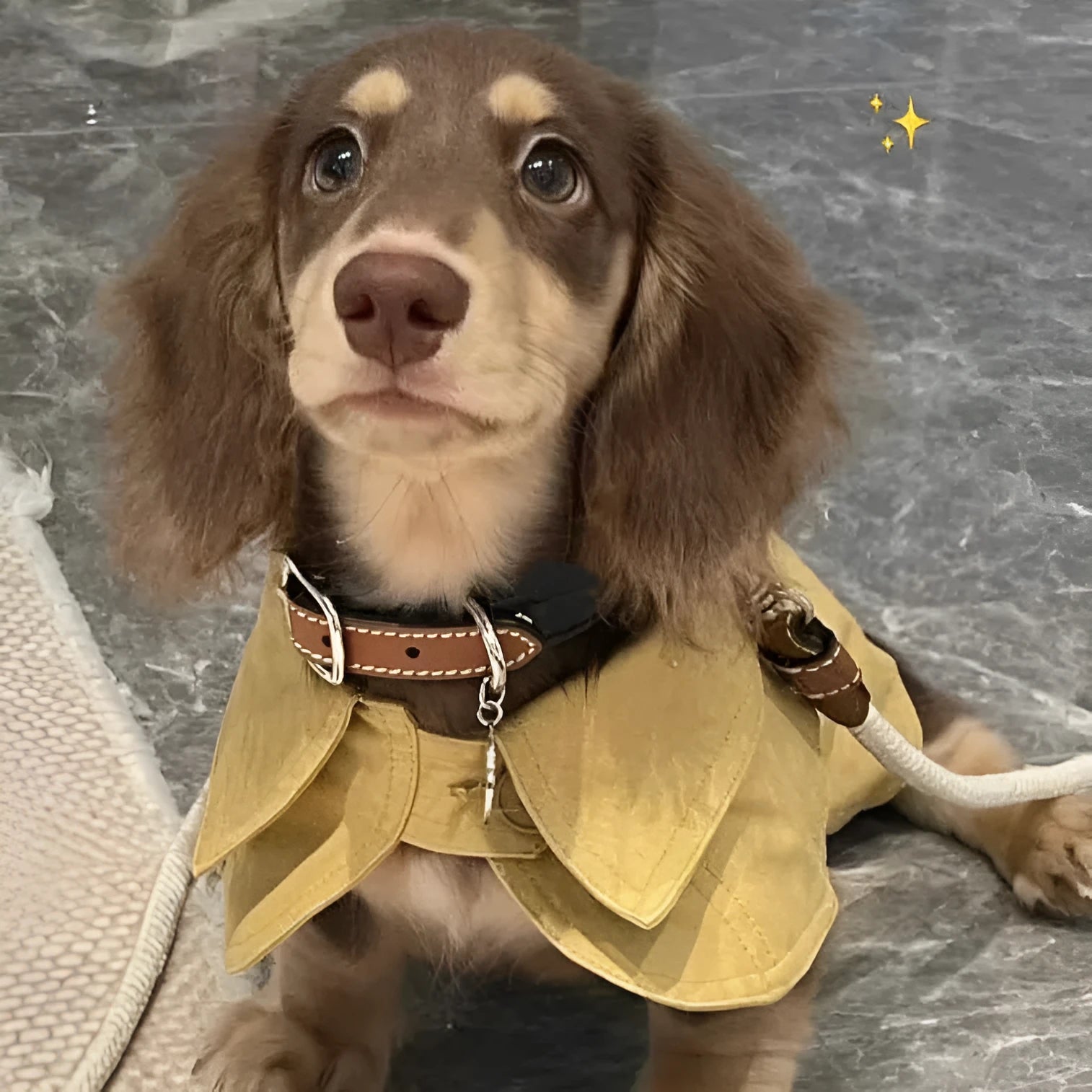 Small dog wearing a cheese yellow British style shawl windbreaker coat on a walk