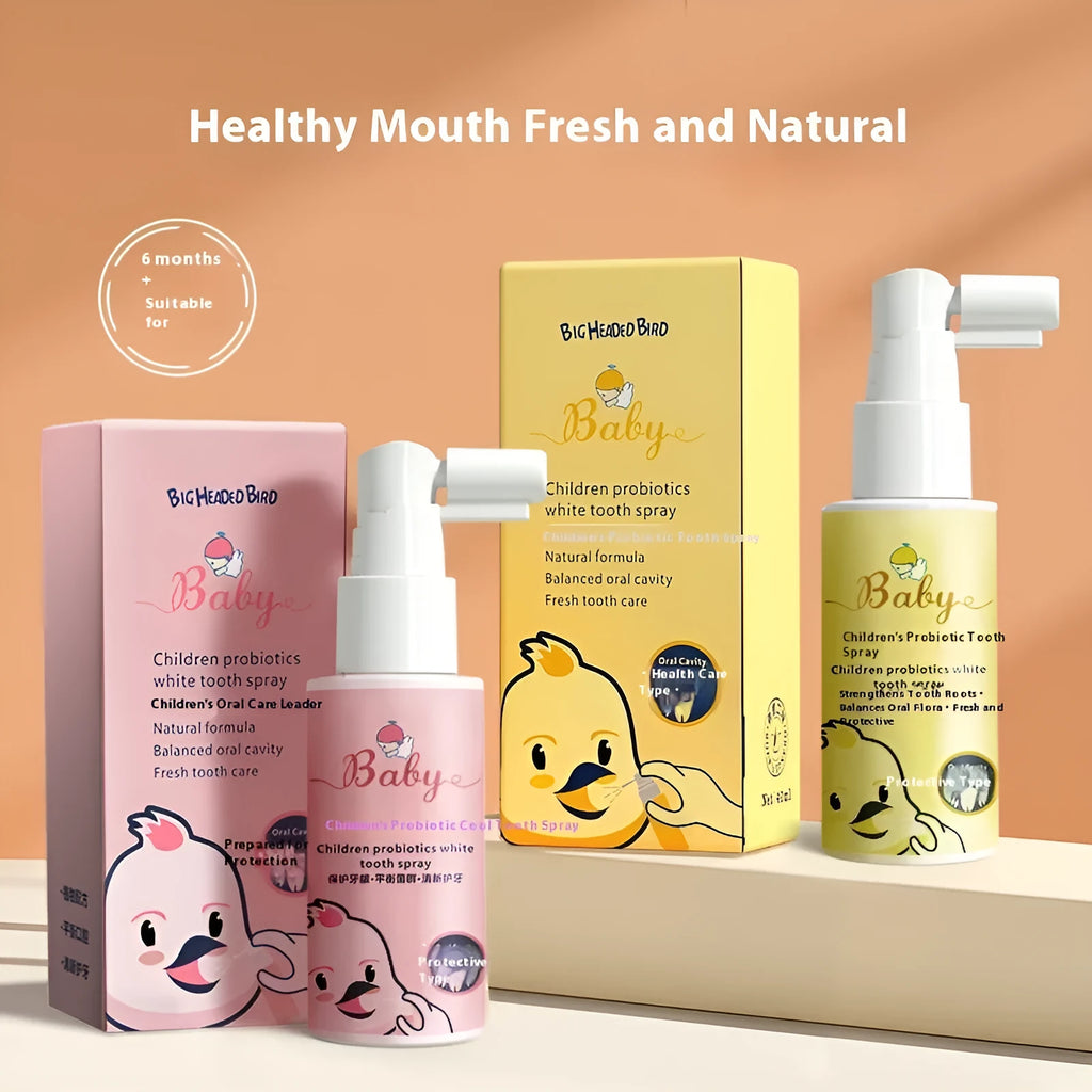 Children's probiotic oral spray bottle in strawberry and orange flavours for teeth cleaning